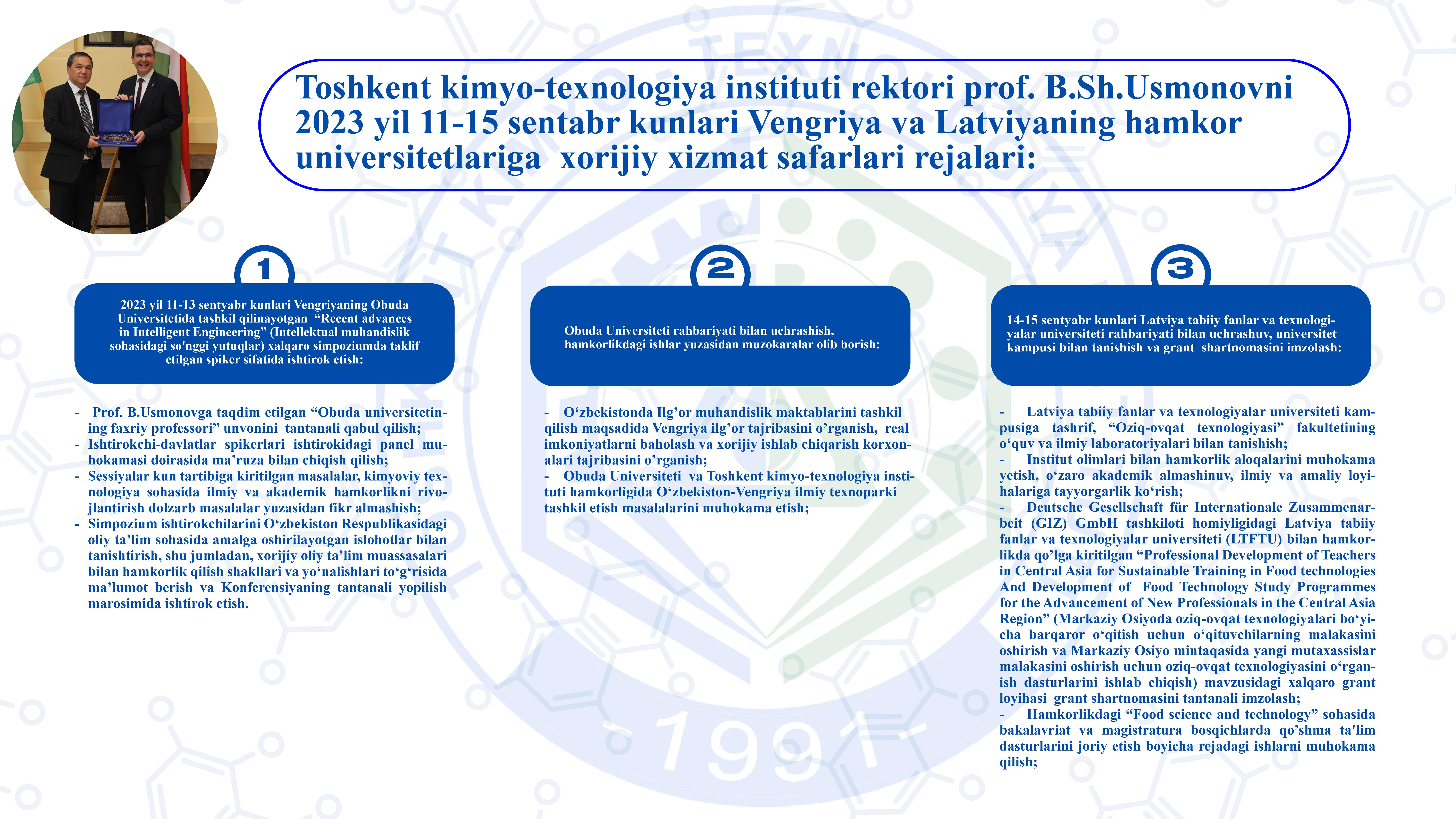 Toshkent kimyo-texnologiya instituti rektori prof. B.Sh.Usmonovni 2023 yil 11-15 sentyabr kunlari Vengriya va Latviyaning hamkor universitetlariga xorijiy xizmat safarlari rejalari. | tkti.uz