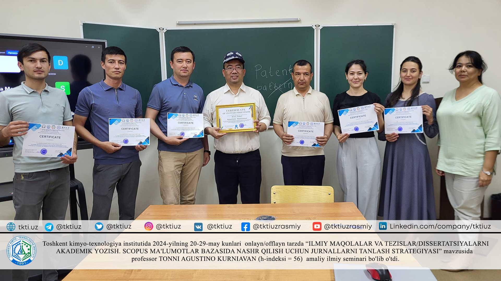 "ACADEMIC WRITING OF RESEARCH ARTICLES AND THESIS/DISSERTATION.  STRATEGY OF CHOOSING THE JOURNALS FOR PUBLICATION IN SCOPUS DATABASE” will be held online/offline on May 20-29, 2024 at the Tashkent Institute of Chemical Technology. A practical scientific seminar was held with the participation of professor TONNY AGUSTINO KURNIAVAN (h-index = 56). | tkti.uz