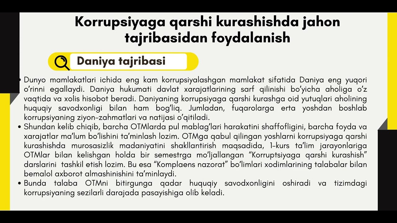 Korrupsiyaga qarshi kurashishda jahon tajribasidan foydalanish | tkti.uz